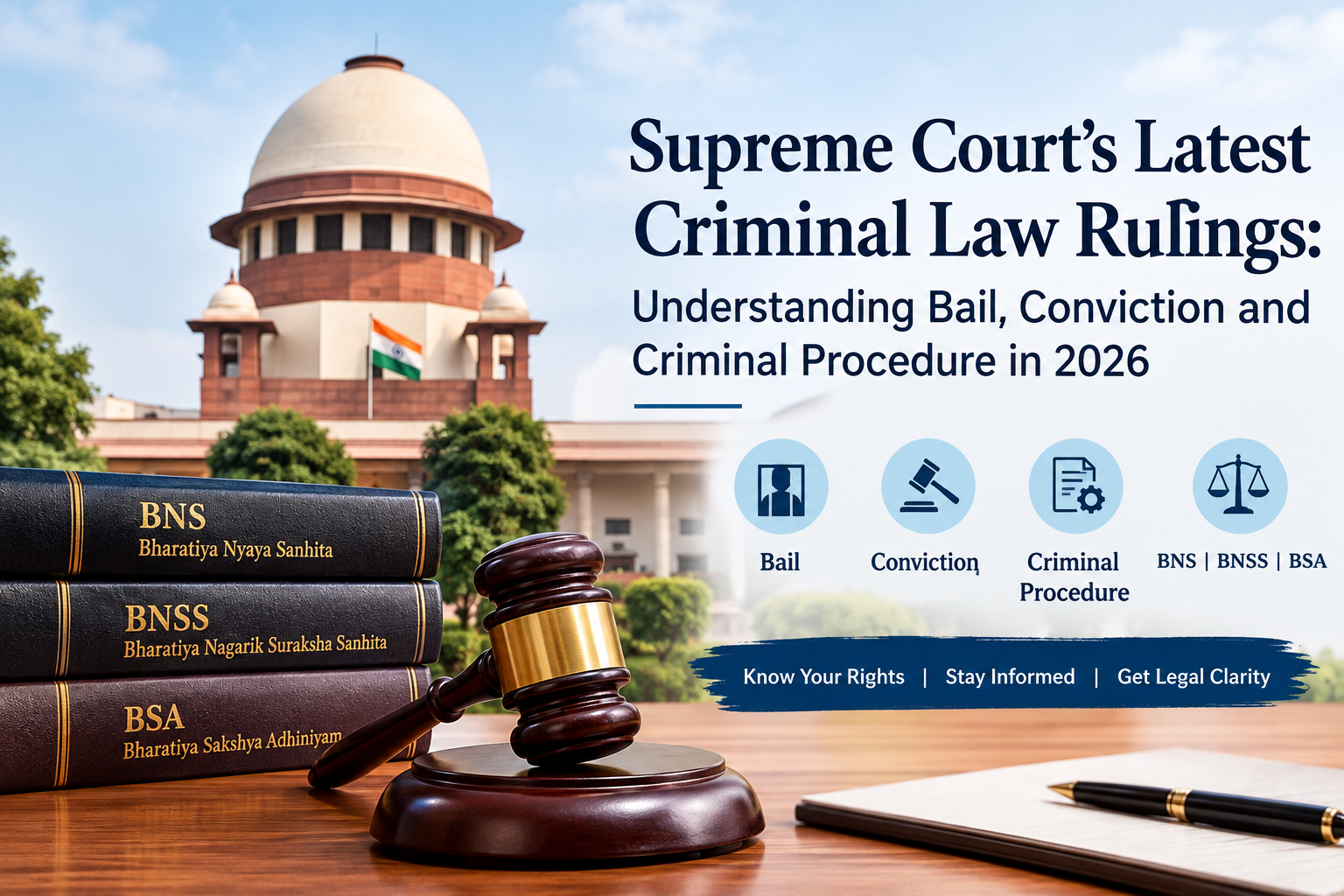 Supreme Court of India with law books on BNS, BNSS and BSA, a gavel and text highlighting the latest criminal law rulings on bail, conviction and criminal procedure in 2026.
